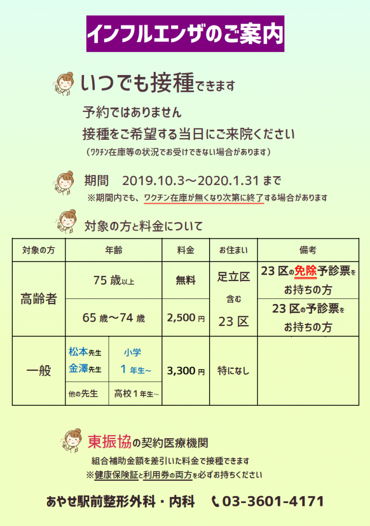 インフルエンザ予防接種 まだ 間に合います あやせ駅前整形外科 内科公式ページ 足立区 綾瀬 交通事故治療 巻き爪治療 リハビリ