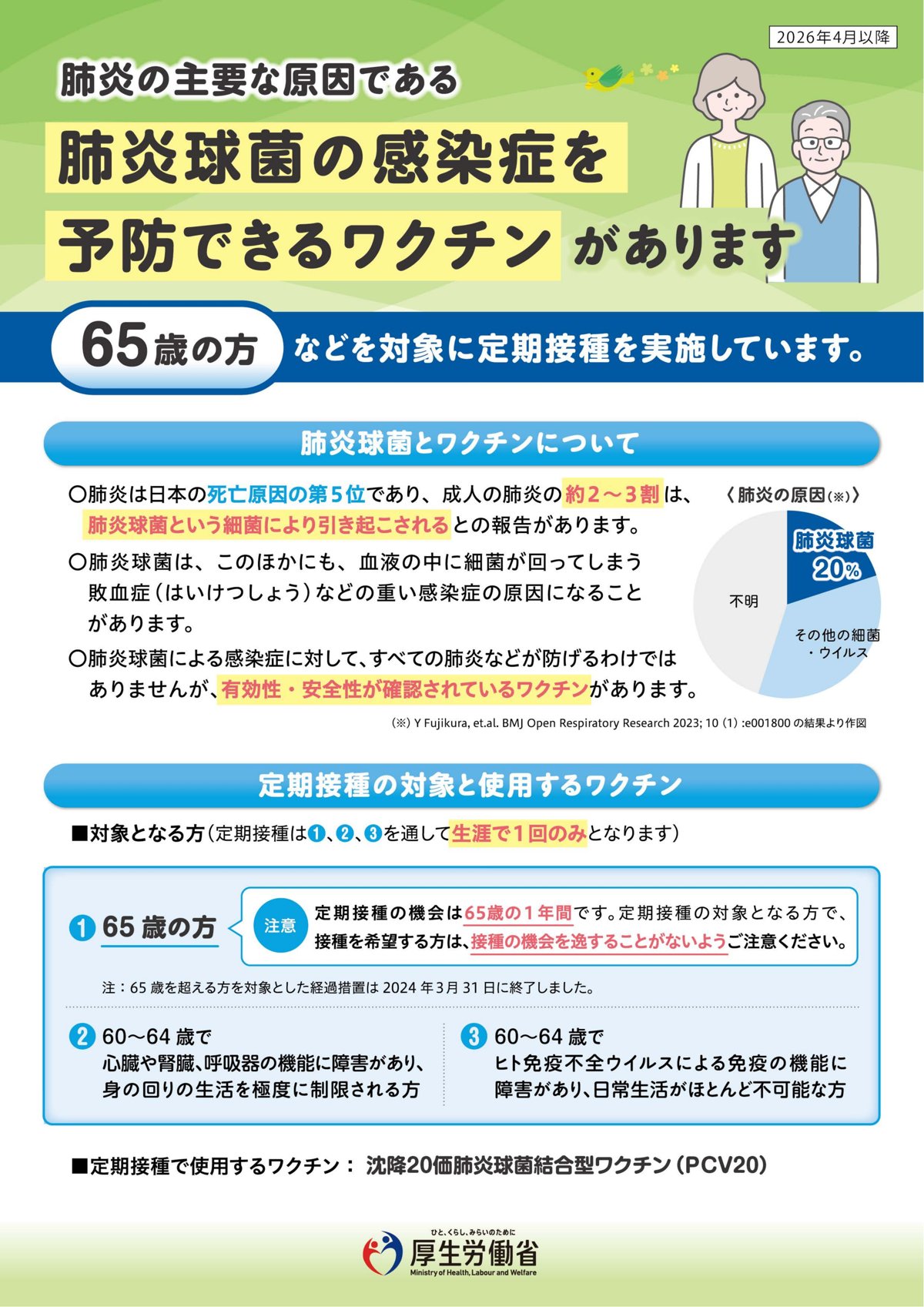厚生労働省リーフレット「肺炎球菌の感染症を予防できるワクチンがあります」表面