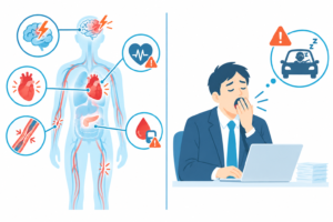 睡眠時無呼吸症候群を放置するリスク(脳や心臓への負担)のイメージ図